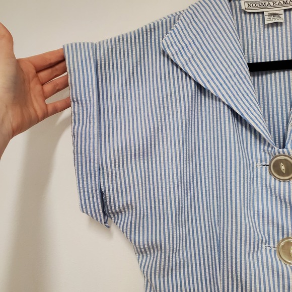 Vintage Norma Kamali Seersucker Button Up Shirt 10 Blue Stripe Coastal Nautical - Picture 4 of 9